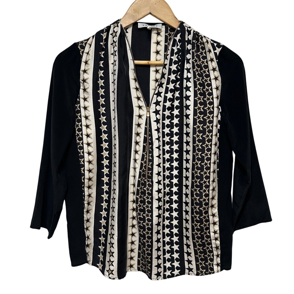 Sandro Paris Silk Star Print Zip Front Blouse Womens XS Neutral French Girl Chic